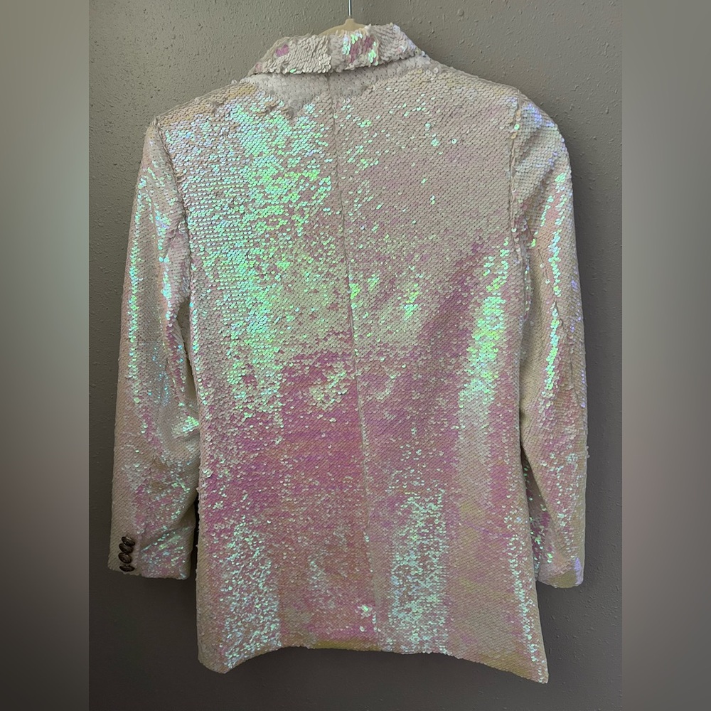 White Sequin Pearl Blazer With Silver Lion Head Buttons Size Small - Picture 9 of 11